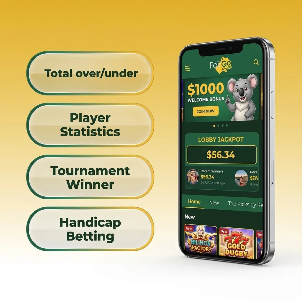 Graphic titled “Bet Types at FairGo Casino” listing single, multi, line, over/under, and futures sports bets