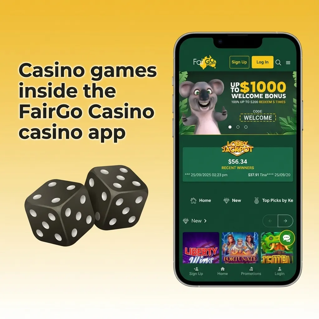 FairGo Casino app screen showing live events, slots, table games, and live dealer lobby with casino promotions
