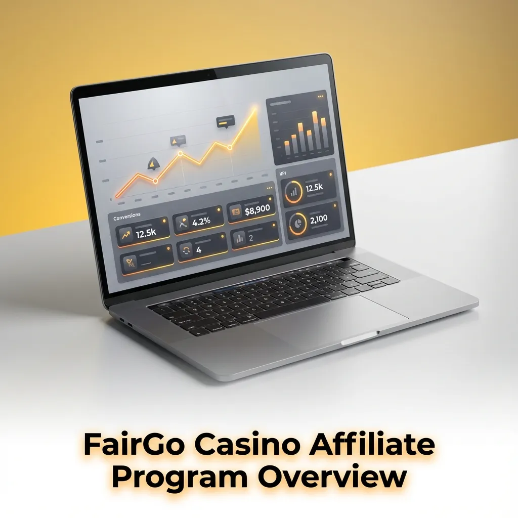 Illustration of FairGo Casino affiliate program with tracking links, dashboards, and commission earnings charts