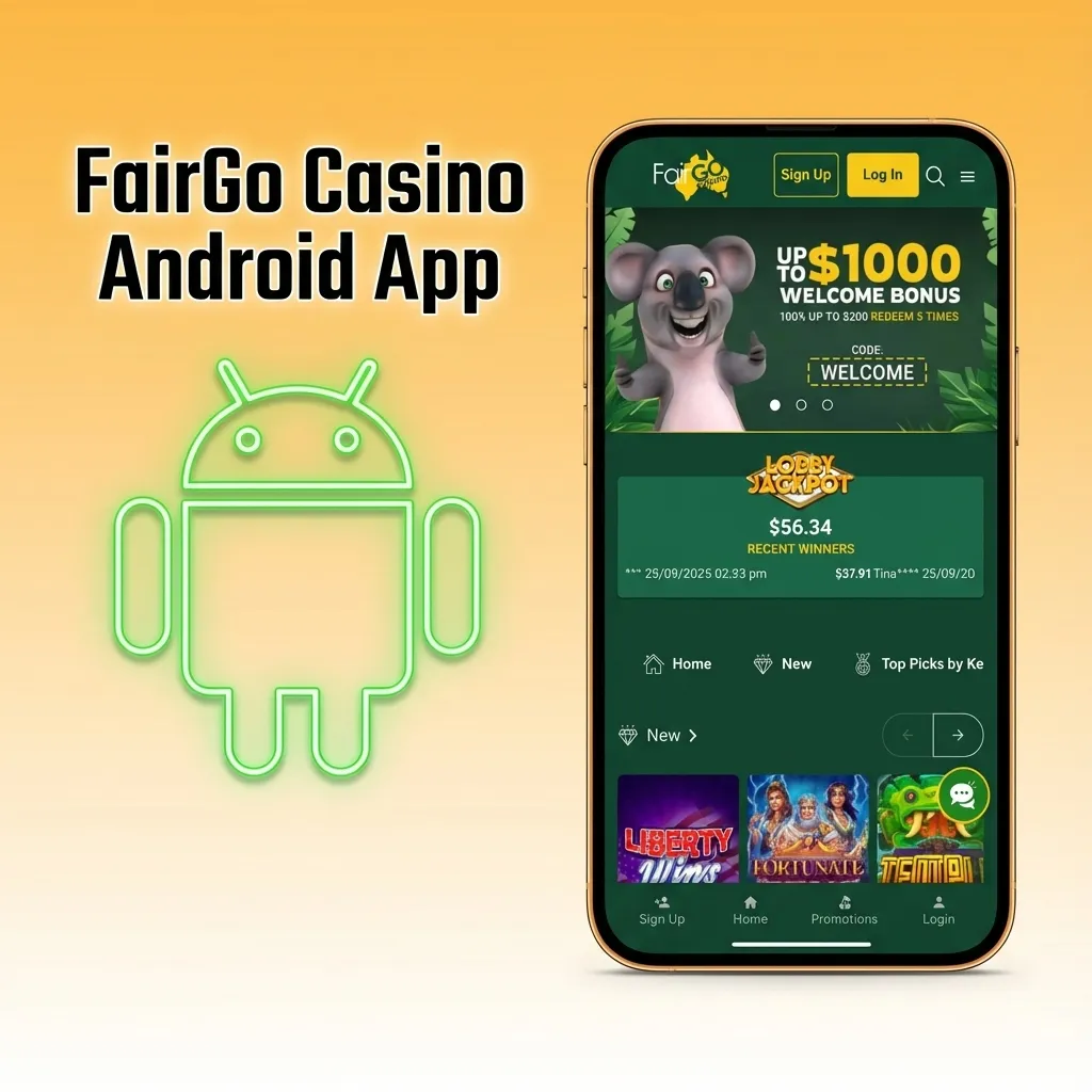 Smartphone displaying the FairGo Casino Android app with pokies and betting options on a bright casino-themed home screen
