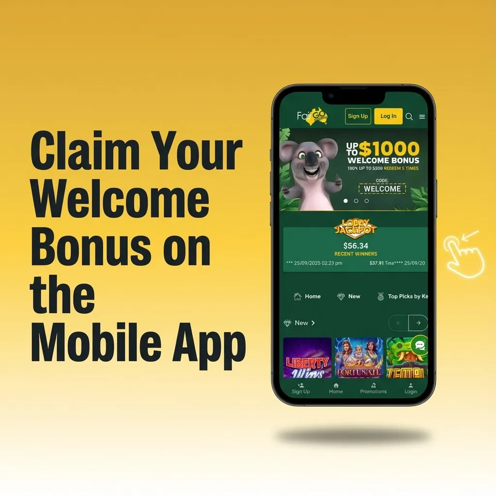 Hand holding smartphone with casino app interface, showing welcome bonus steps and AU$20 minimum deposit requirement