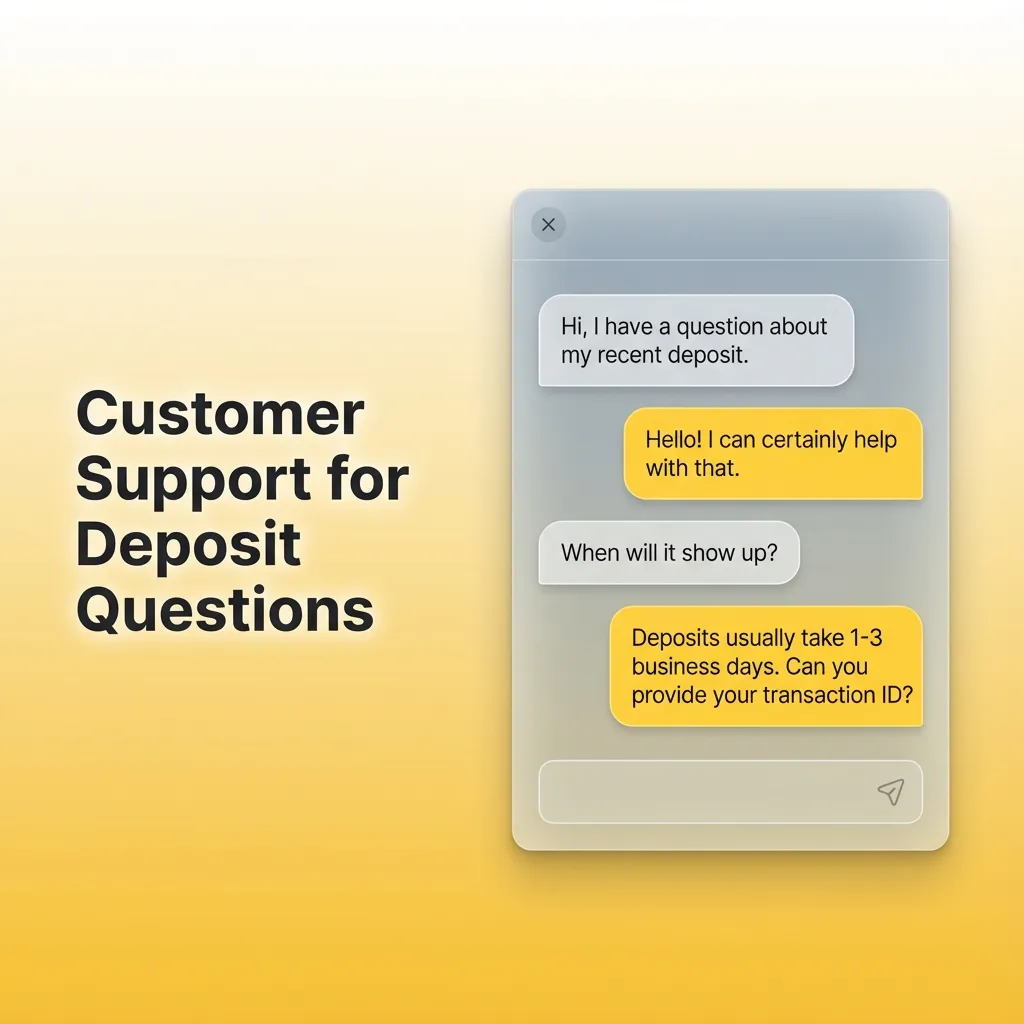 Illustration of customer support options for deposit issues: live chat, email, contact form and help centre FAQ.