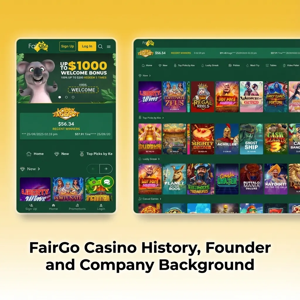 Timeline-style graphic showing FairGo Casino’s 2017 launch, founder Michael Harrington, and licensed, Australia-focused growth.