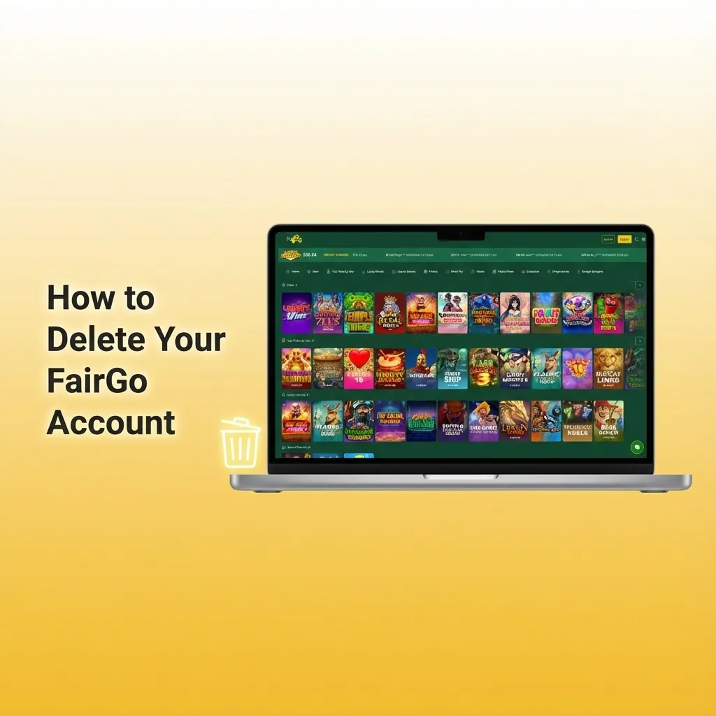 Illustrated guide showing steps to withdraw funds, contact FairGo support, verify identity, and confirm account deletion