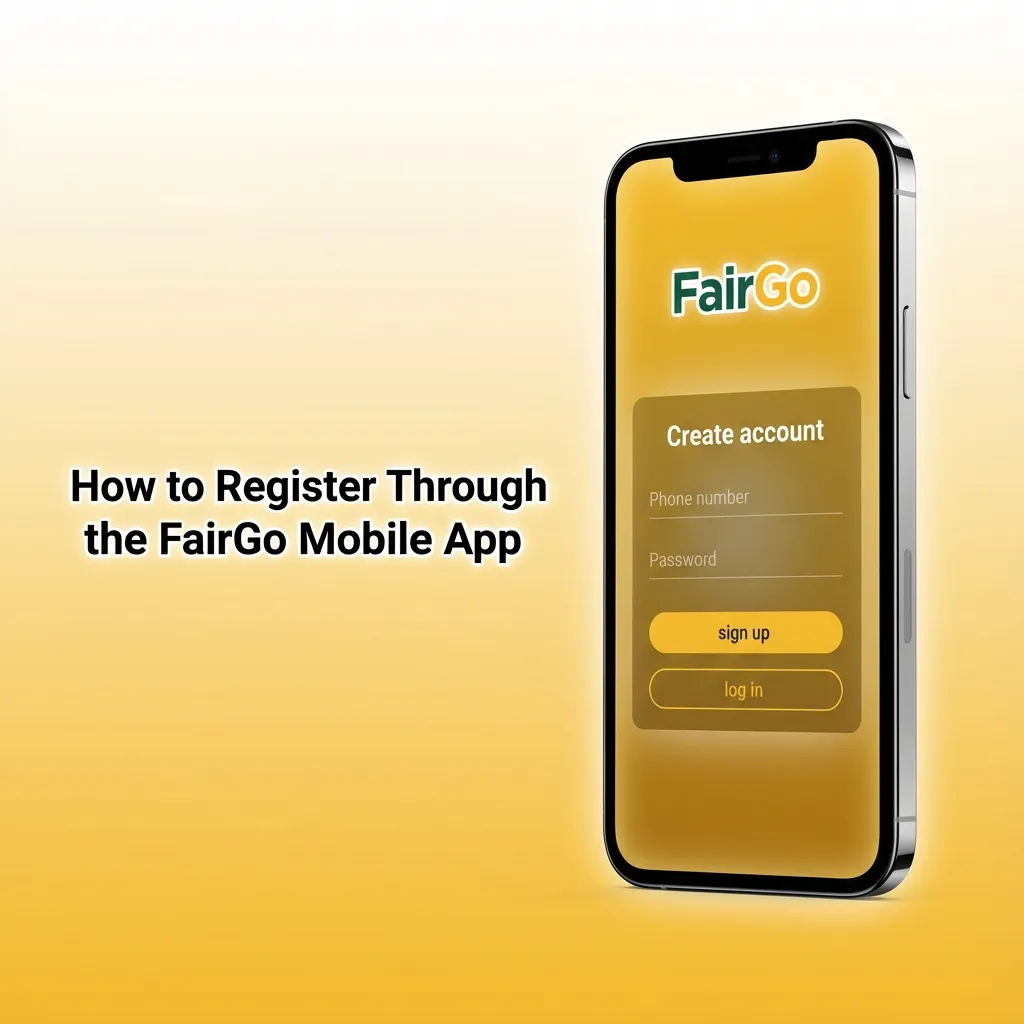 Smartphone screen showing FairGo Casino app registration steps with sign-up form and icons for phone, email, and social login.