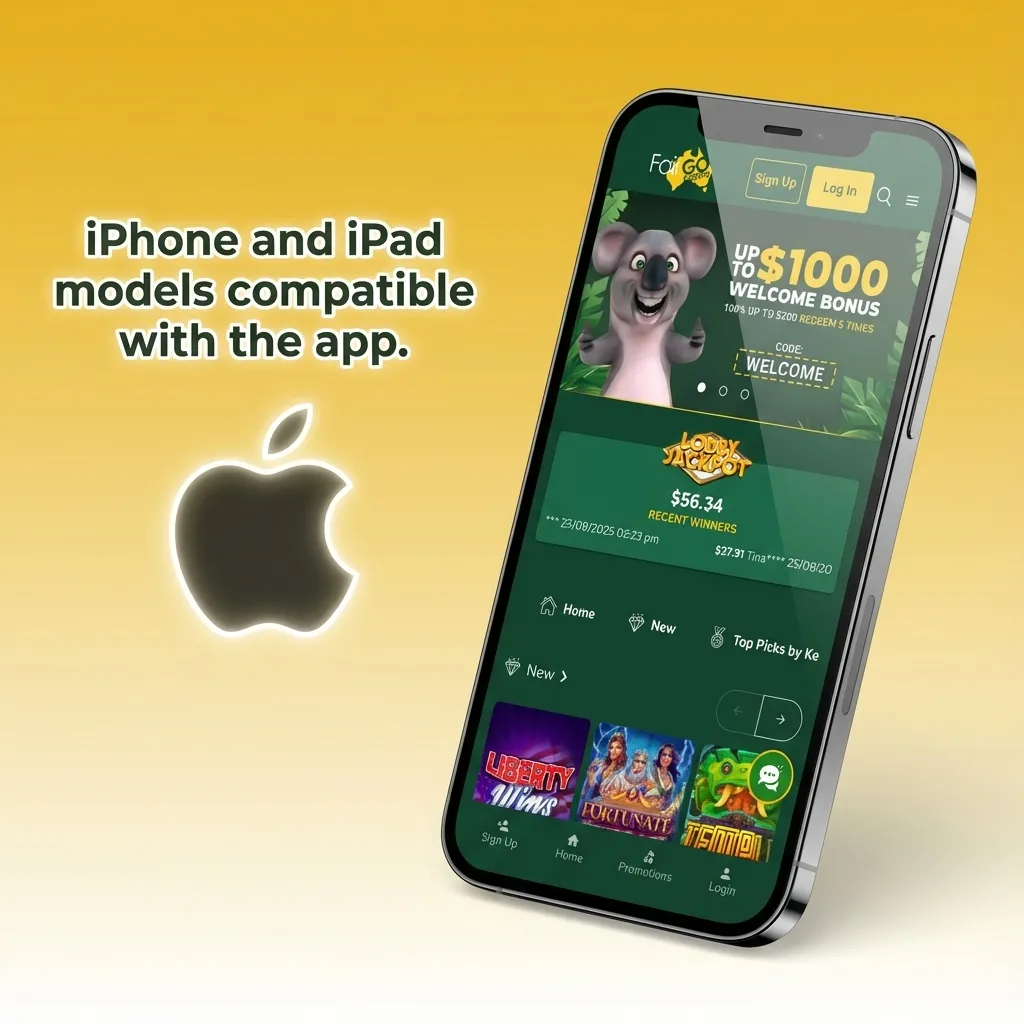 Graphic listing FairGo Casino iOS app compatibility with iPhone X–15 series and recent iPad, iPad Air, iPad Pro models.
