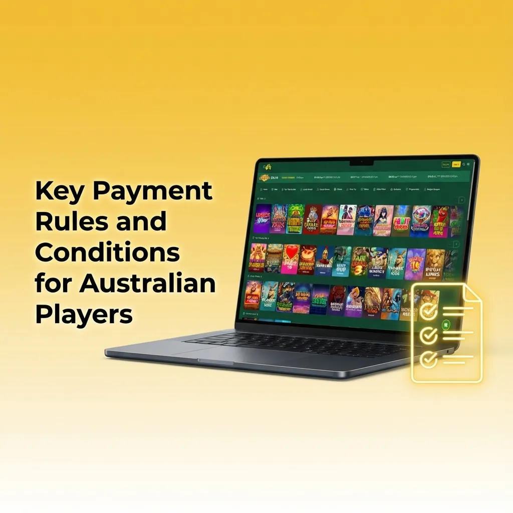 Infographic titled “Key Payment Rules for Australian Players” listing verification, matching names, wagering, method, and limit conditions