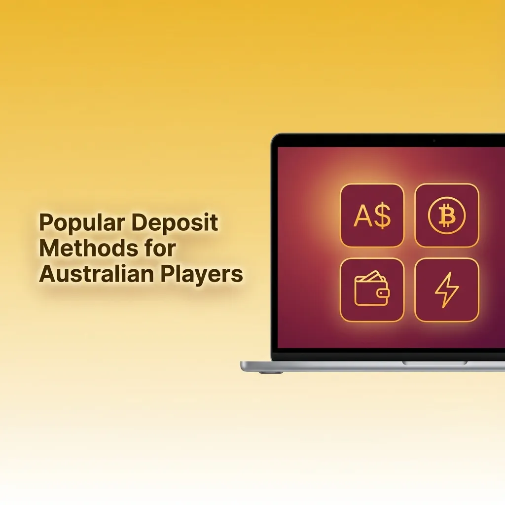 Infographic titled “Popular Deposit Methods for Australian Players” showing cards, vouchers, e-wallet, crypto coins, and bank icons