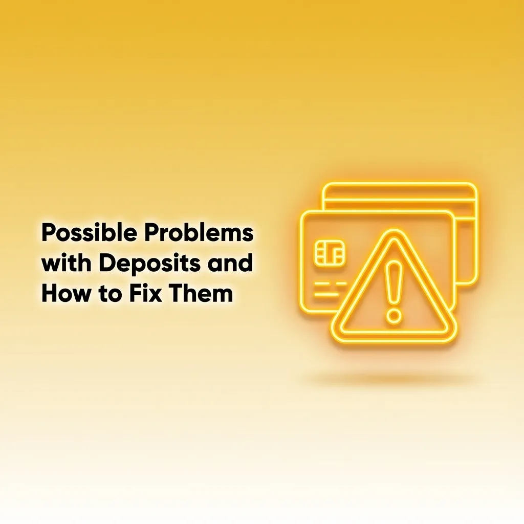 Illustrated checklist of common online deposit problems with brief fixes, including bank declines, delays, bonuses, and verification.