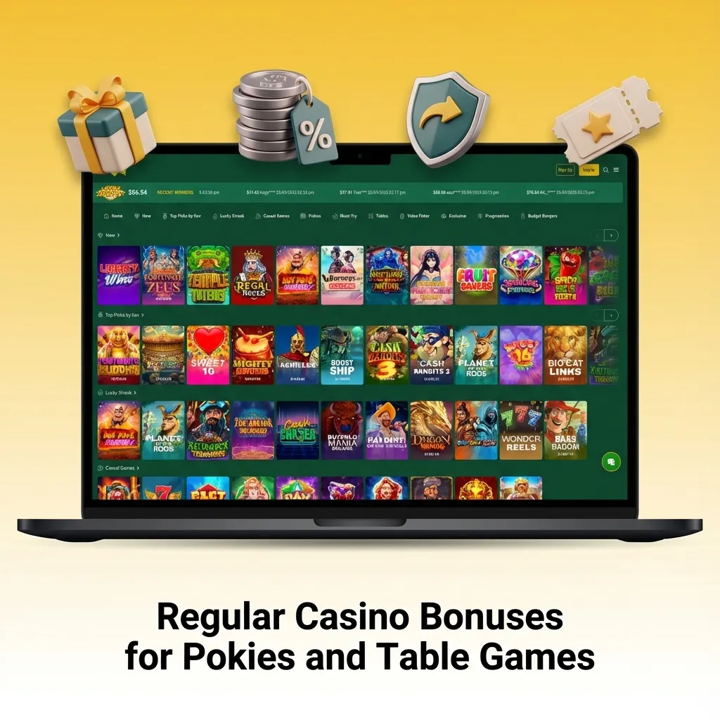 Online casino banner showing pokies reels, cards and chips with icons for reload bonuses, free spins, cashback and tournaments
