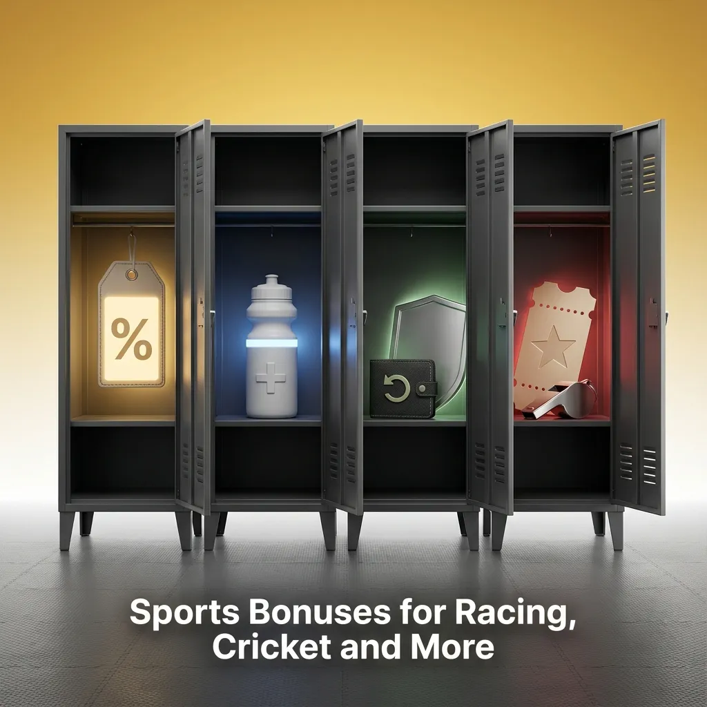 Sports betting promo banner featuring racing, cricket and football icons with text about bonuses, boosts and cashback offers