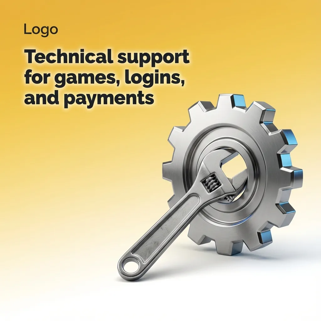 Illustration of technical support channels for fixing game, login, app, and payment issues via chat, email, or phone