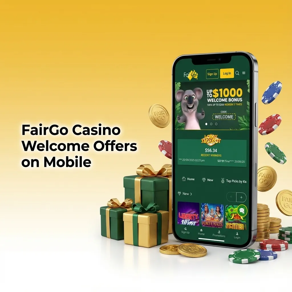 Smartphone screen showing FairGo Casino app with AU$1,000 welcome offer and five 100% match bonuses displayed