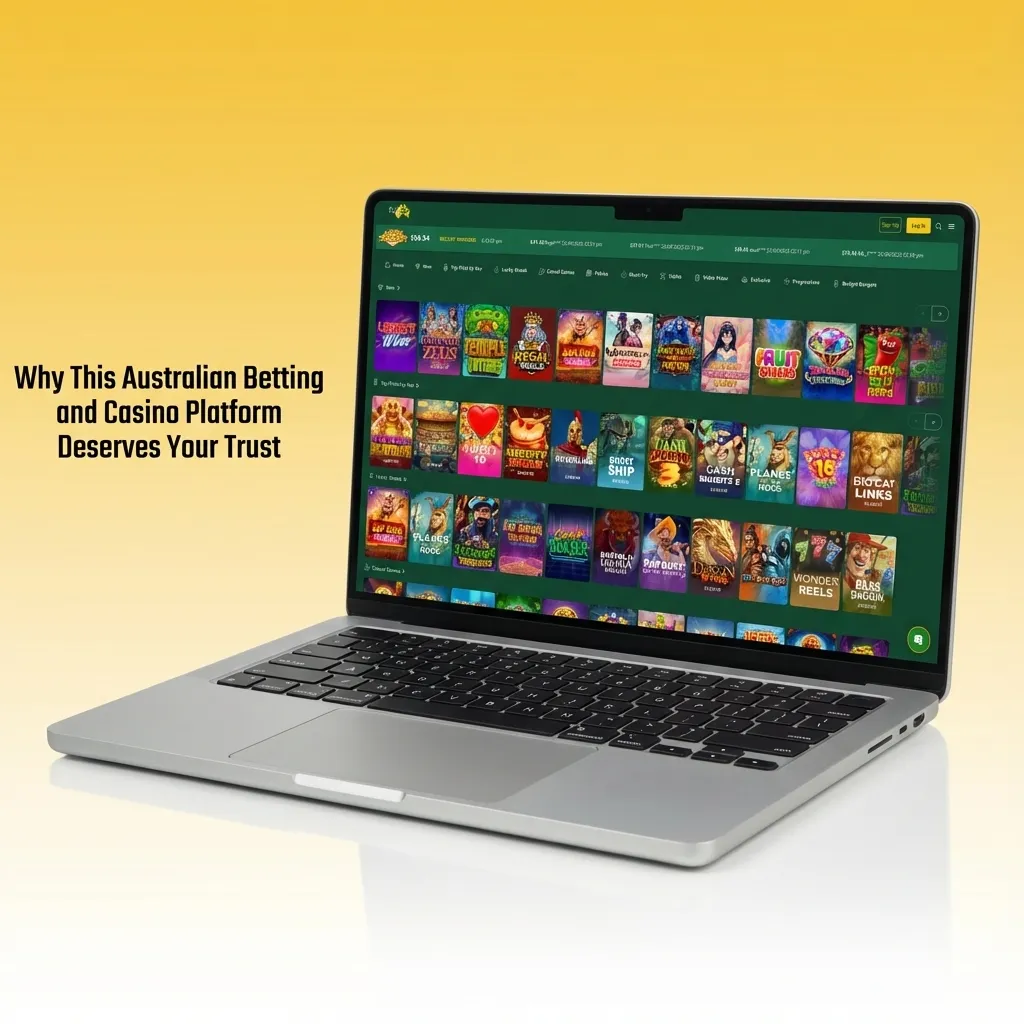 Australian betting app screen showing sports odds, casino games, secure payment icons and responsible gambling tools
