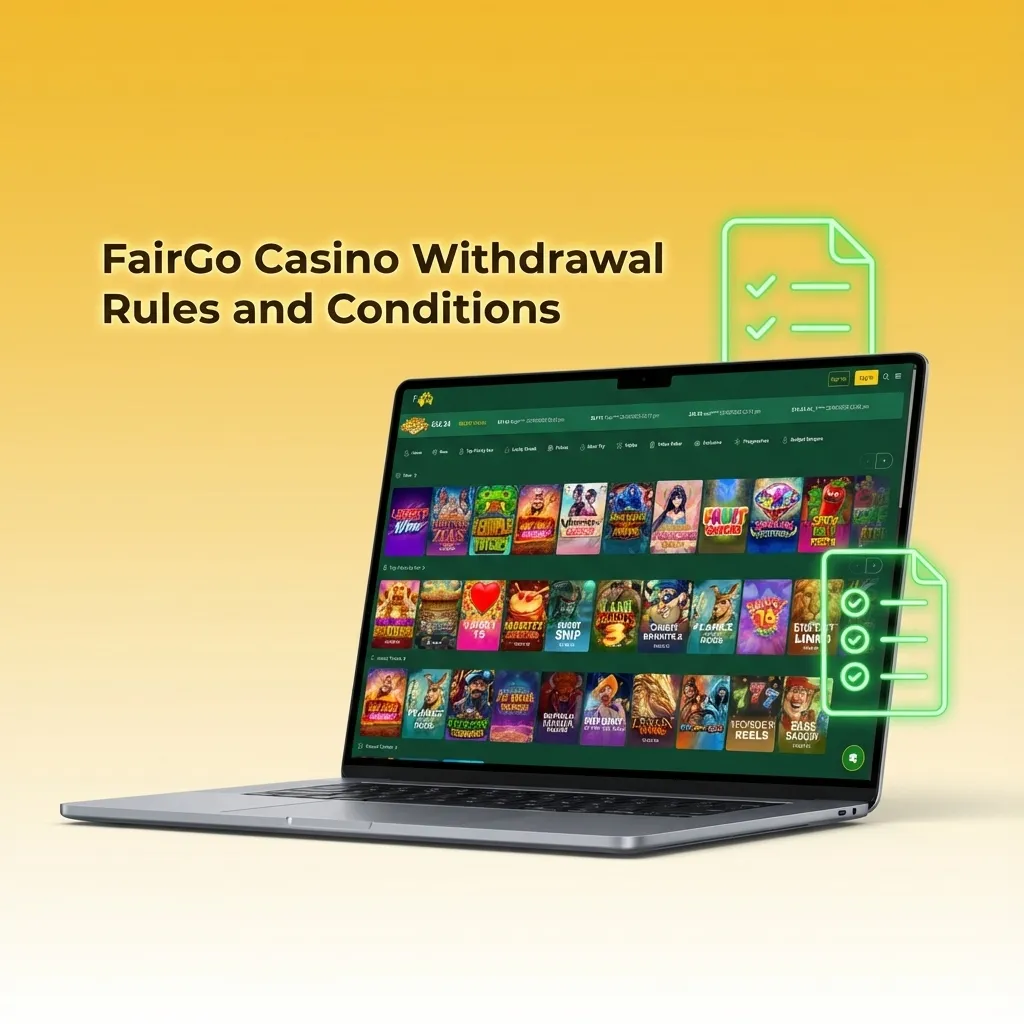 Infographic of FairGo Casino withdrawal rules including verification, same-method payouts, bonus wagering, one account, and review time