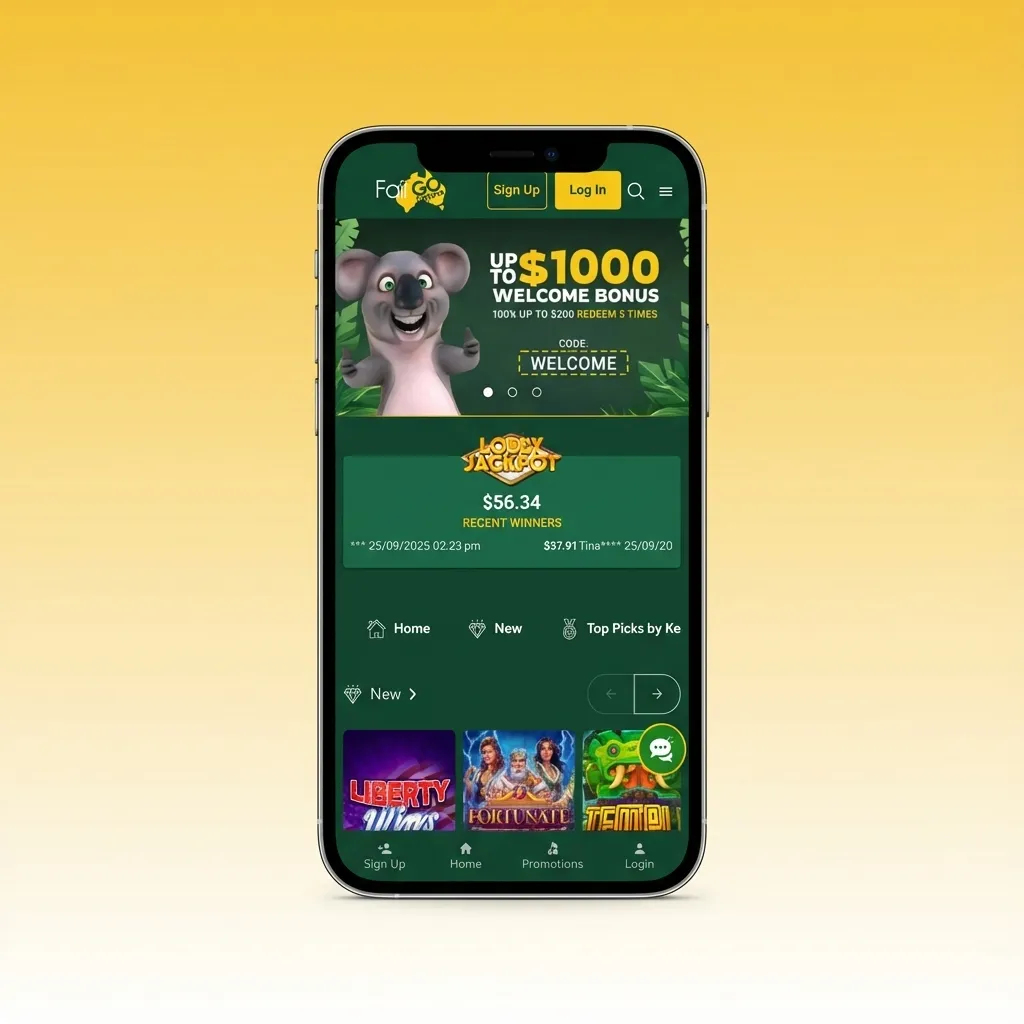 FairGo Casino mobile app screen with large buttons and simple menus for pokies, banking, promos, and support navigation