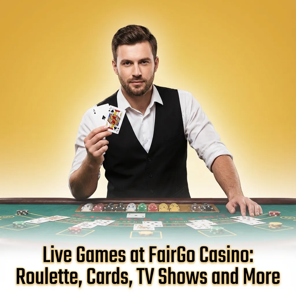 Collage of FairGo live casino games: roulette wheel, card tables, TV game show studio and dice in bright studio lighting