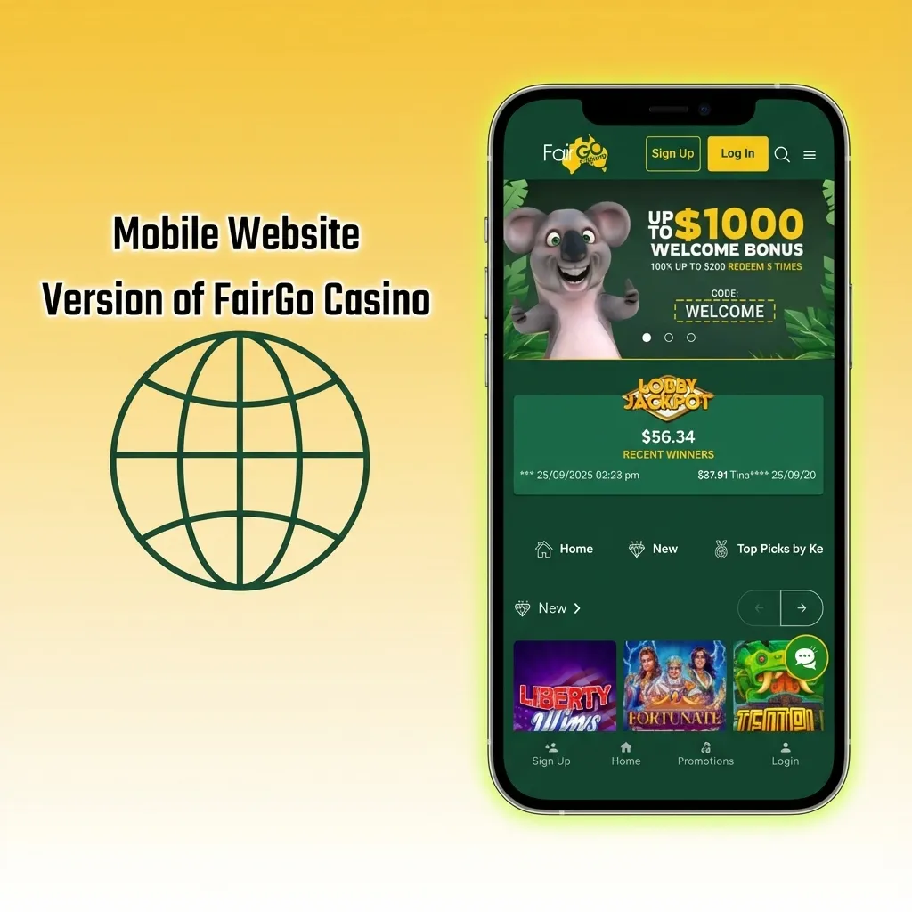 Smartphone showing FairGo Casino mobile site with pokies, live bets, and easy tap buttons on a responsive screen