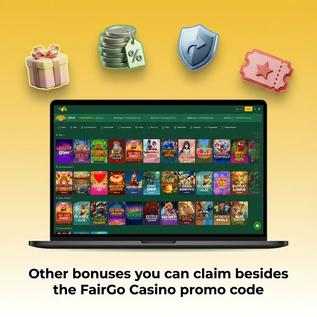 Illustrated list of FairGo Casino bonuses: reloads, free spins, cashback, loyalty rewards, and holiday or event promos