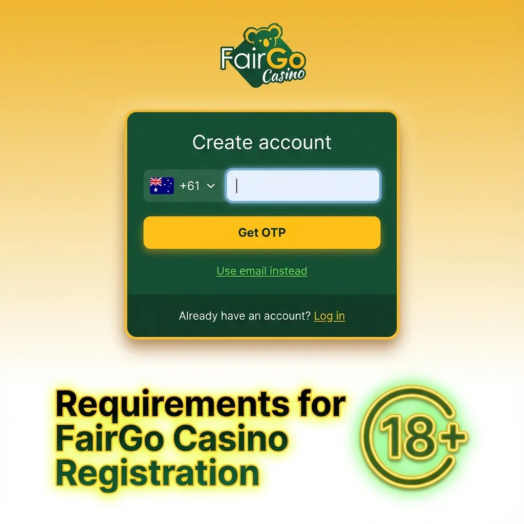 Infographic showing FairGo Casino registration rules: 18+ age, AU law compliance, one real-name account, accurate KYC details, own payments