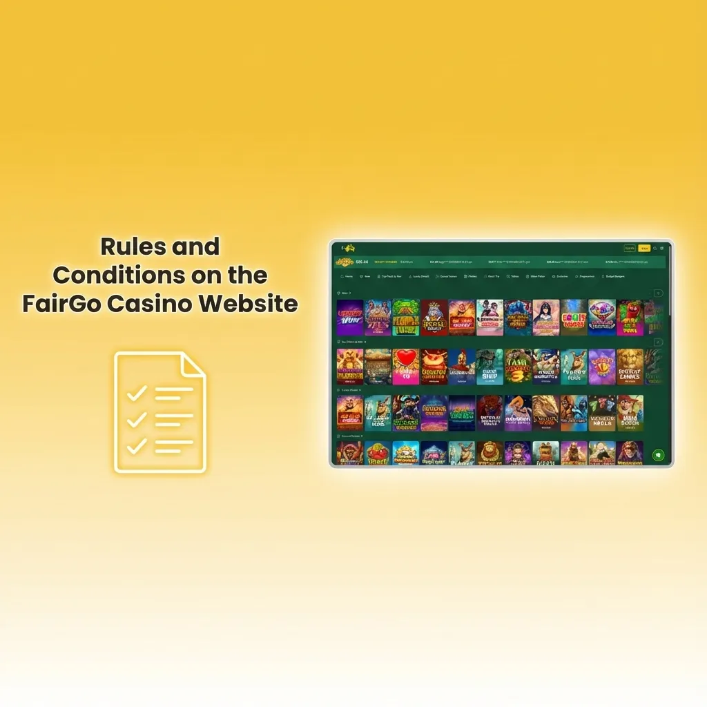 Illustrated FairGo Casino terms list covering age limits, one account rule, bonus wagering, ID checks, and anti-abuse policies