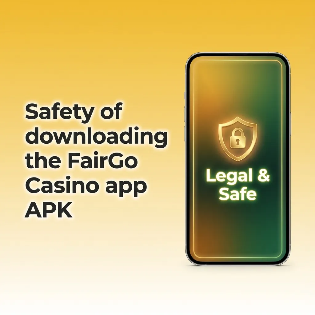 Graphic promoting the FairGo Casino app with security icons showing encryption and official licensing for safe downloads