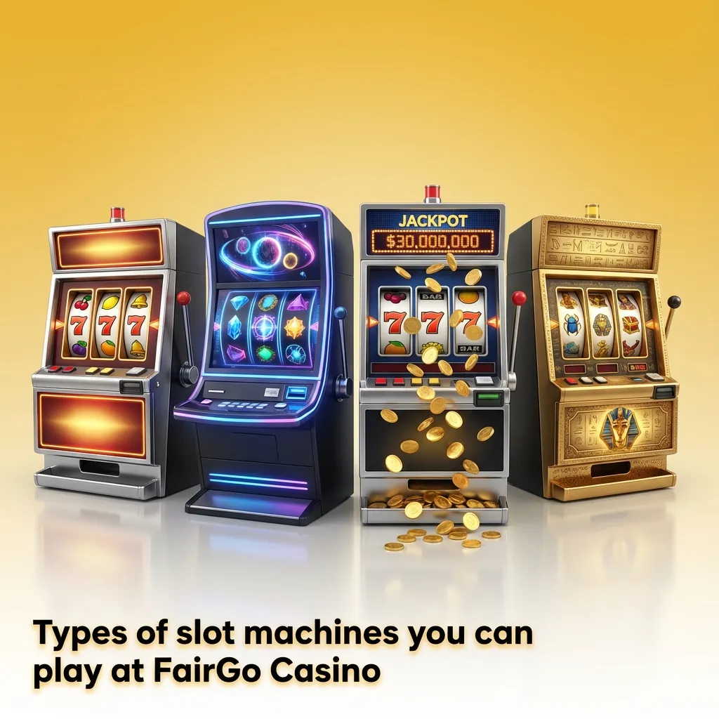 Collage of FairGo Casino slot machines showing 3-reel, 5-reel, jackpot, themed and seasonal pokies grouped by type.