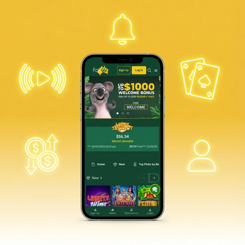 Illustration of an Australian using FairGo Casino on a mobile phone, highlighting AUD payments, pokies, and 24/7 support
